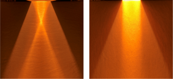 (左)HLH65W/f75【線加熱型】（右）HLH-60W/f∞【面加熱型】　共に電圧100Vで照射