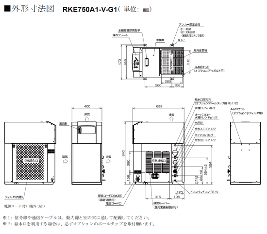 ハロゲンヒーター用冷却水ユニットクーラーRKE　750 外形寸法図